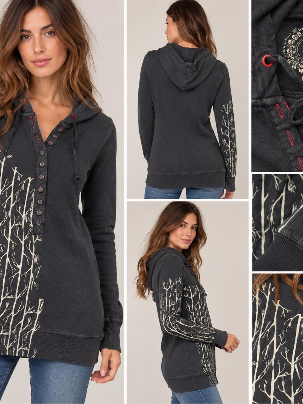 Free People Y2K Tree Graphic Hooded Tunic Sweatshirt Gray Black M Button Front
